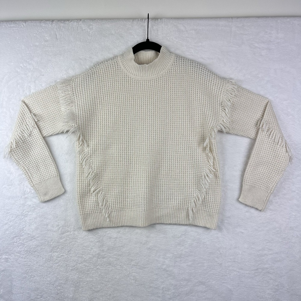 Michael Kors Womens M Sweater Ivory‎ Fringe Accents Long Sleeve Pullover